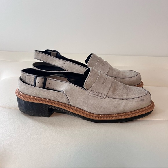 Dr. Martens Morana open-back suede penny loafers in a mid-gray/taupe color - Picture 1 of 13